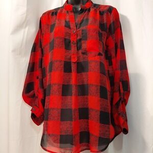 Vintage Womens Wet Seal Red & Black  Buffalo Plaid Sheer‎ Roll Tab Sleeves Shirt